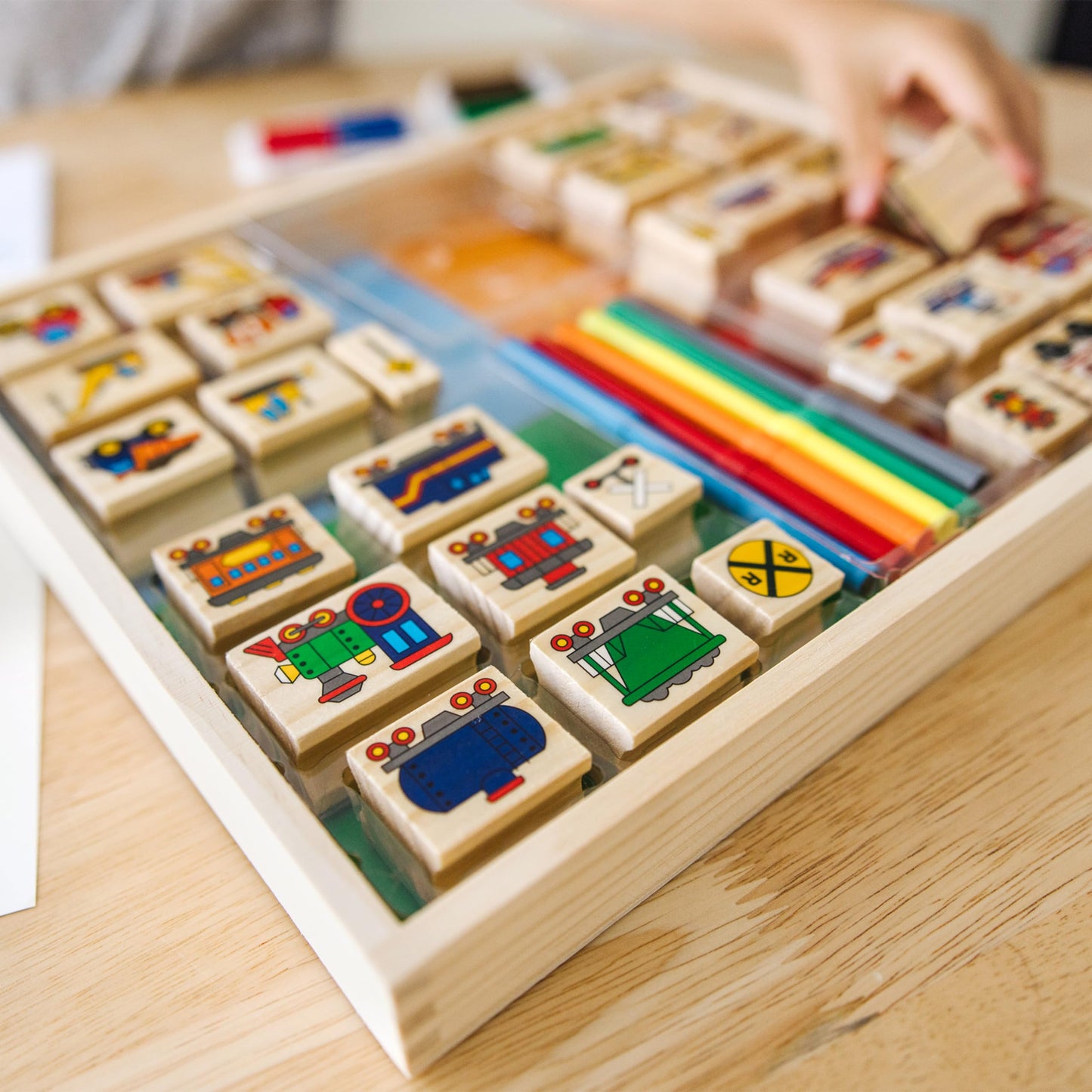 Melissa & Doug Deluxe Wooden Stamp and Coloring Set - Vehicles (30 Stamps, 6 Markers, 2 Durable 2-Color Stamp Pads)