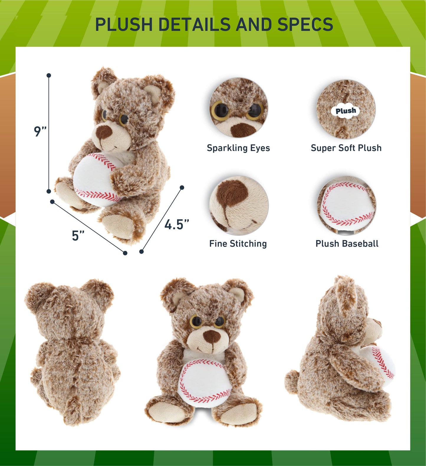 DolliBu Sitting Brown Bear Stuffed Animal with Baseball Plush - Soft Huggable Brown Bear, Adorable Playtime Bear Plush Toy, Cute Wild Life Sports Gift