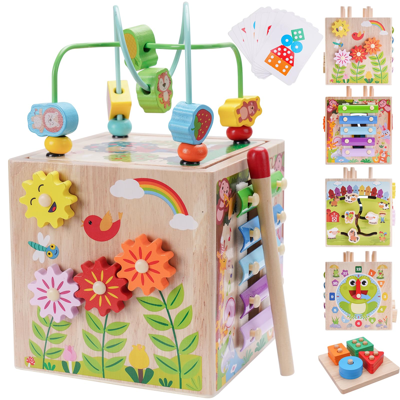 Wooden Activity Cube | Montessori Toys for 1 2 3 Year Old Toddlers | One Year Old 1st First Birthday Gift | Educational Toys for 12+ Months Baby Boys