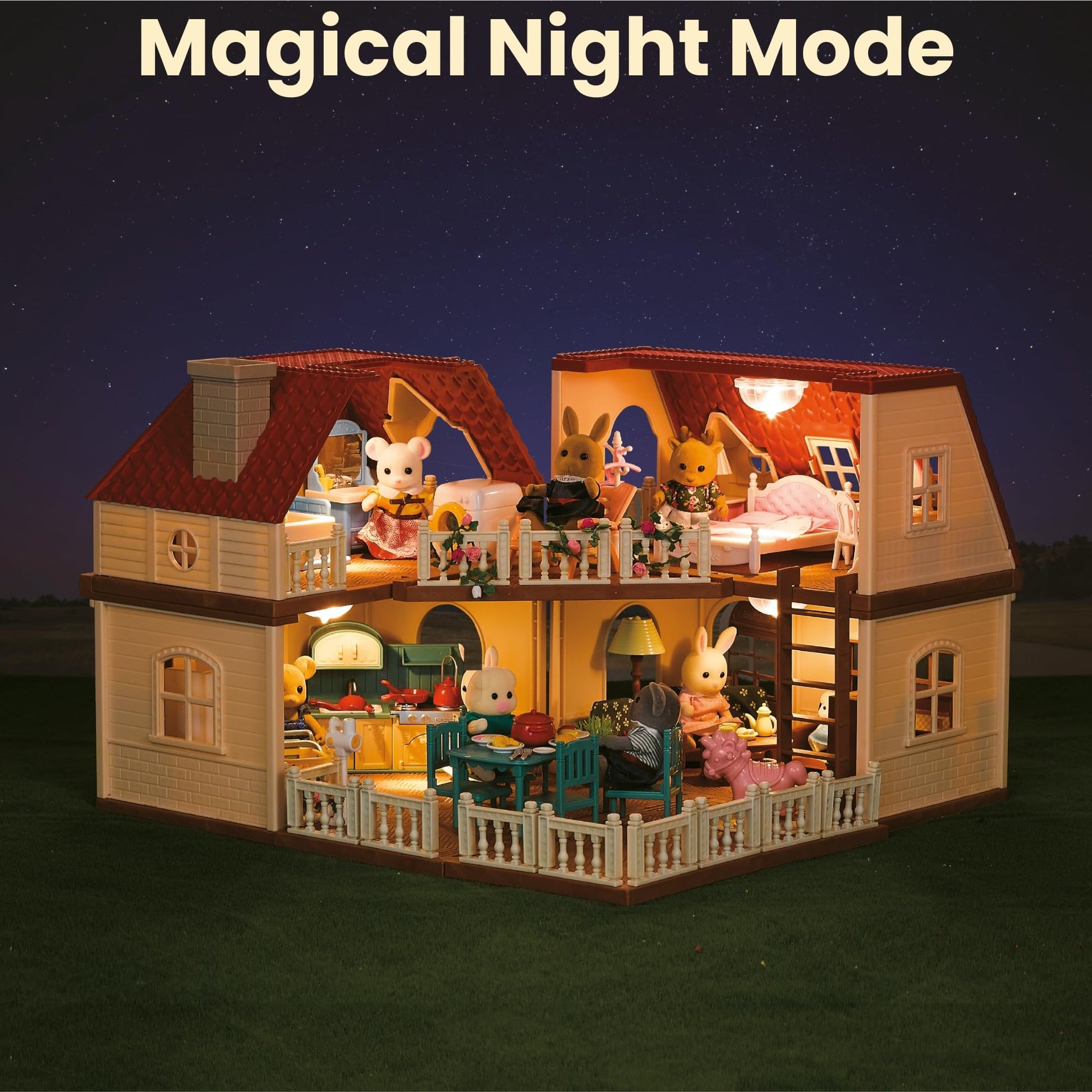 OLEOCA Family Grand Doll House - Light-Up 2-Story Cozy Cabin with Furniture & Bunny Figure, Complete Dollhouse Playset for Creative Pretend Play, Gift
