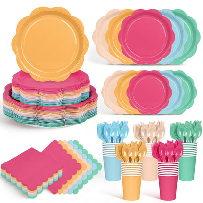 ZUQMZUQ 350 Pcs Colorful Party Plates and Napkins Party Supplies Serves 50 Guests Include Candy Colors Scalloped Plate Napkin Cup & Cutlery for Baby