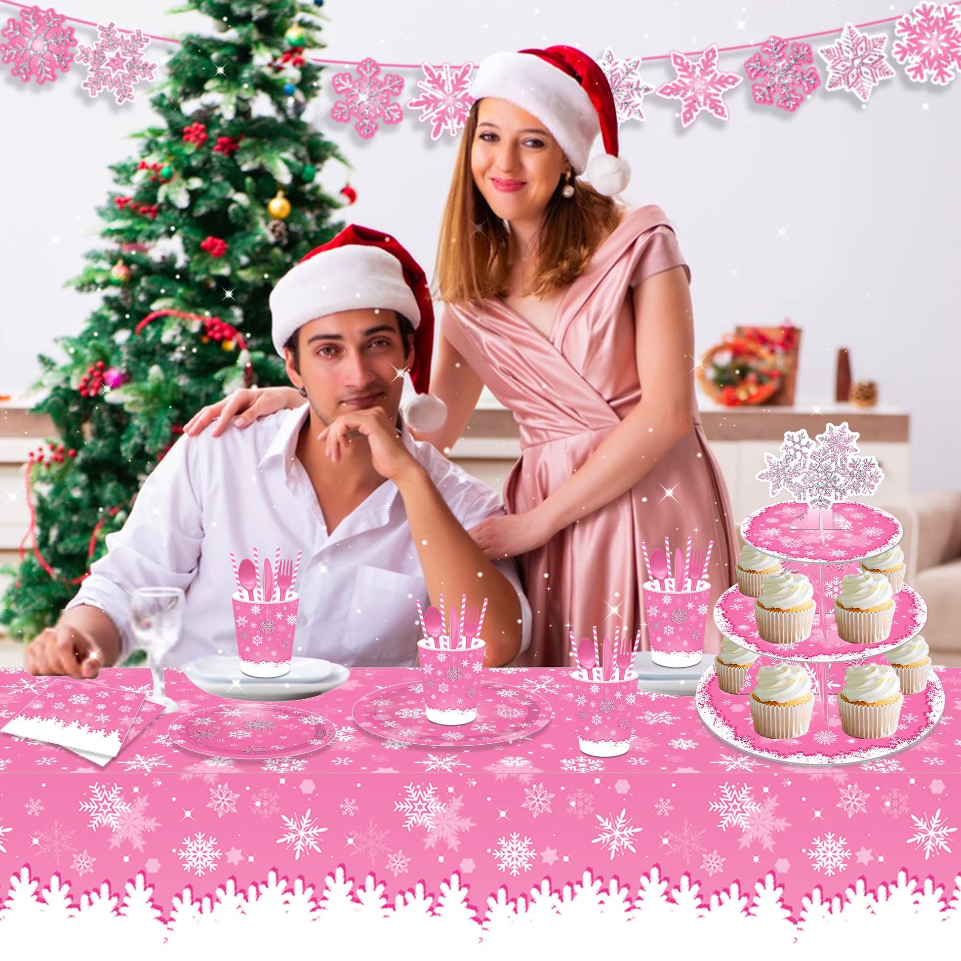 Partystadl 2Pcs Disposable Winter Snowflake Tablecloth, Disposable Pink Snowflake Plastic Table Cover, Pink Snowflake Winter Tablecloth Party