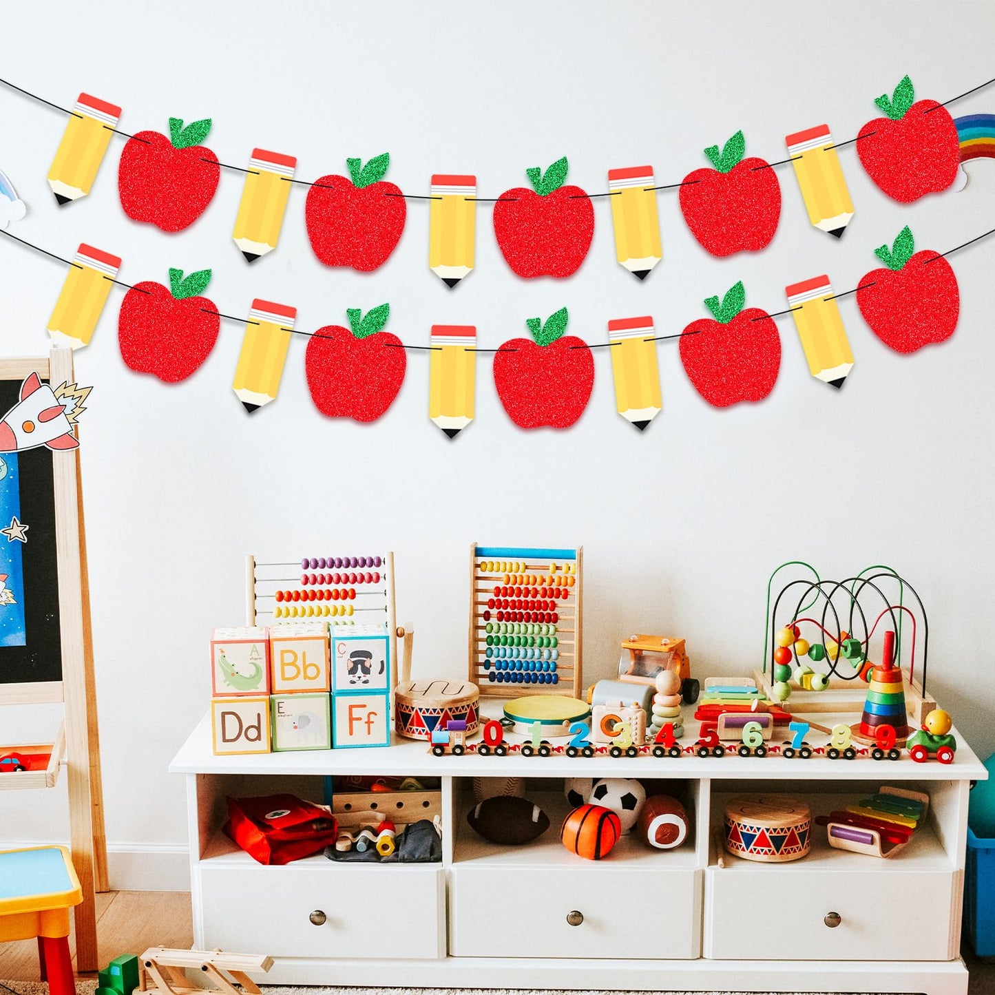 2 Pack Apple Pencil Garland Banner for Back to School Decorations, Pre-Strung Glitter Classroom Kindergarten Hanging Decor for Teacher Appreciation