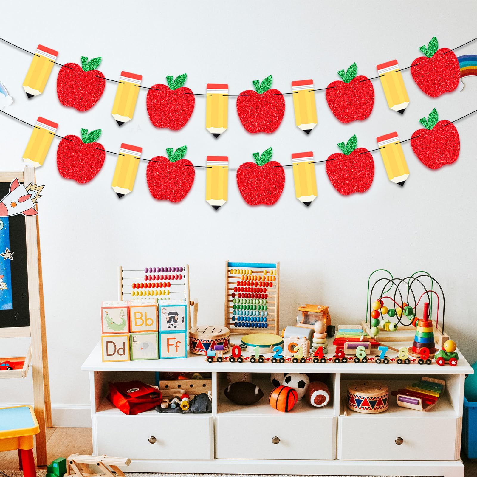 2 Pack Apple Pencil Garland Banner for Back to School Decorations, Pre-Strung Glitter Classroom Kindergarten Hanging Decor for Teacher Appreciation