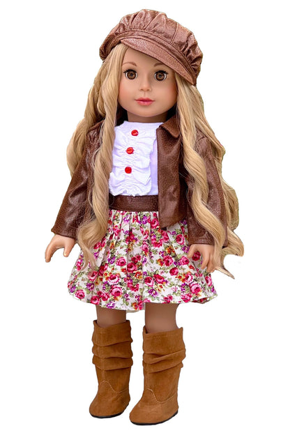 DreamWorld Collections - Urban Explorer - Clothes Fits 18 Inch Doll - Brown Motorcycle Jacket with Paperboy Hat, Dress and Boots - (Doll not Included)