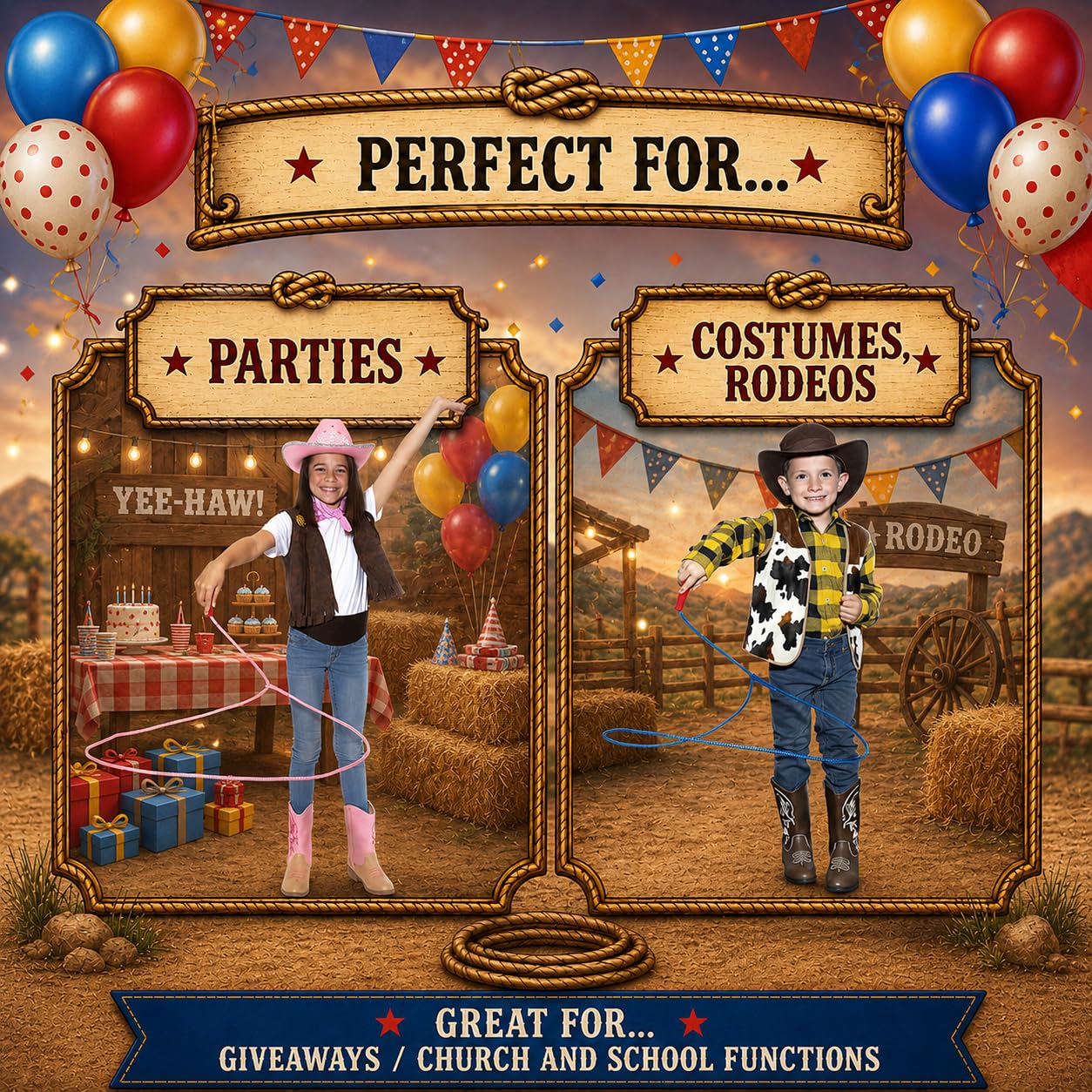 Western Stage Props Made in USA - Children’s Cowboy Kiddie Trick Rope Lasso Pre-Tied | Ages 4-10 |