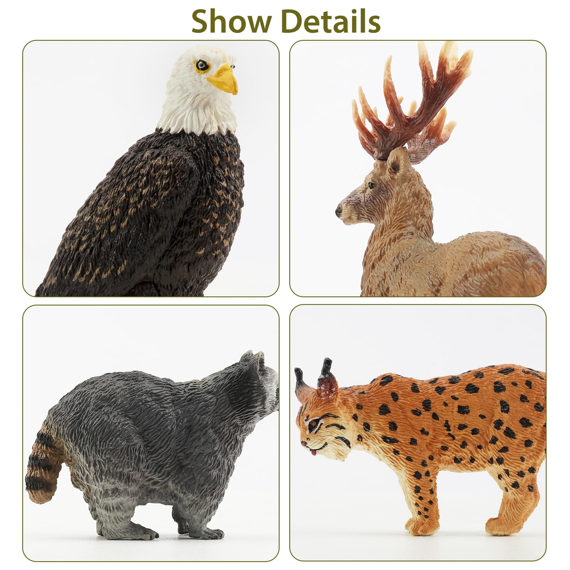 Toymany 12PCS North American Forest Animal Figurines, Realistic Jungle Zoo Animal Set Includes Moose,Cougar,Wolf,Bear,Eagle,Deer Educational Toy Cake