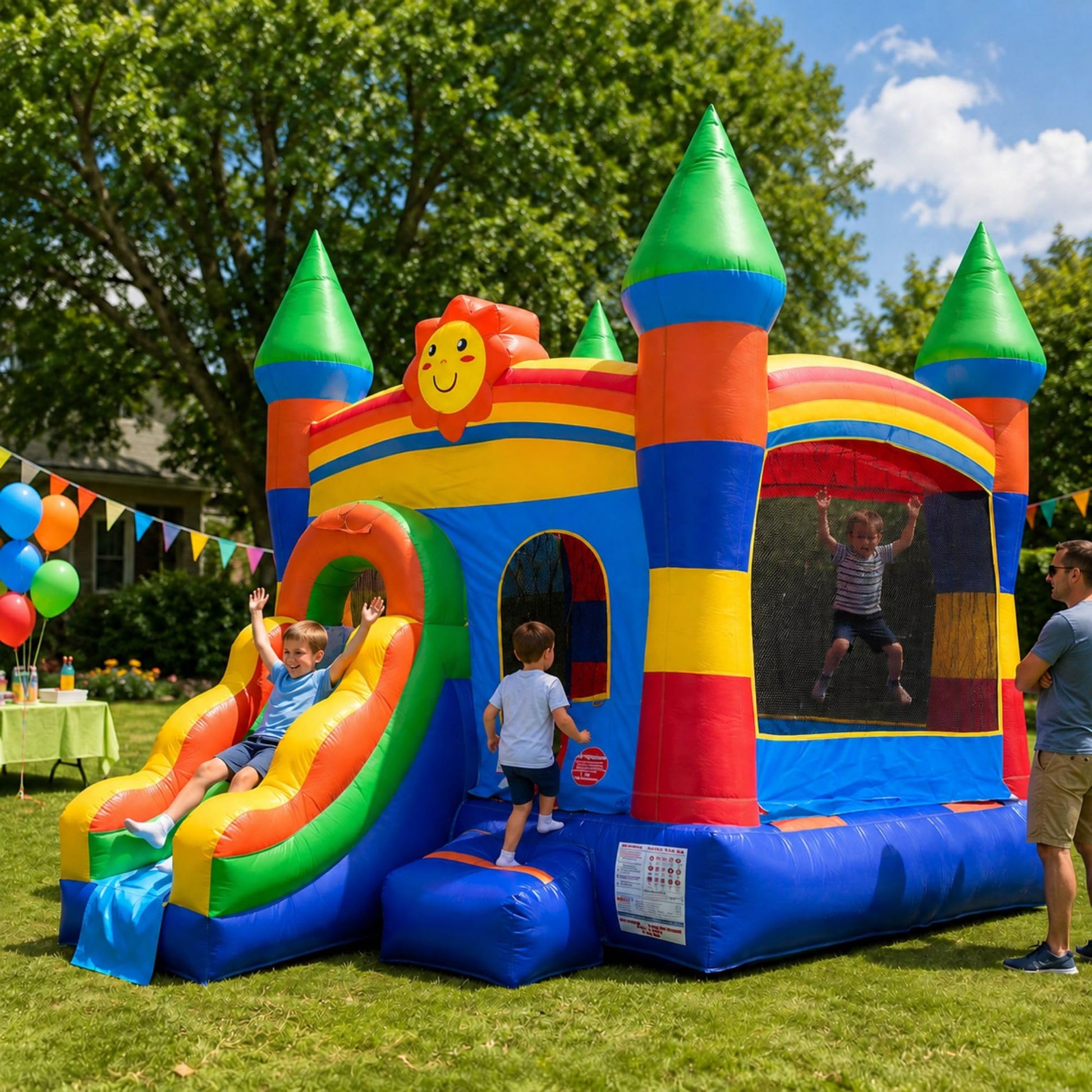 Pogo Bounce House Crossover Inflatable with Slide No Blower, Rainbow Smiley