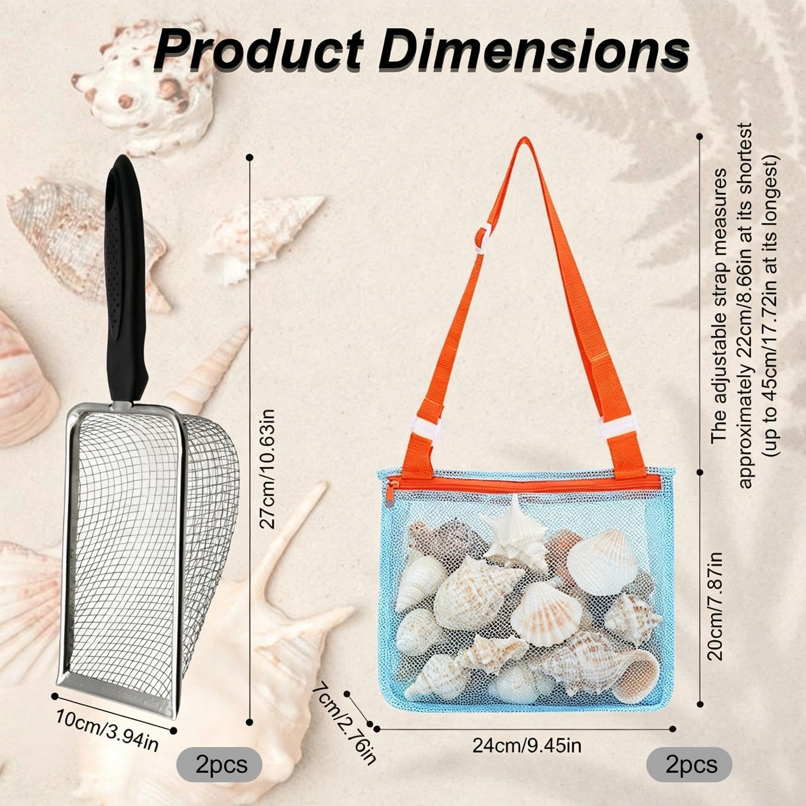 Beach Mesh Shovel with Mesh Beach Bag for Shells Collecting and Filter Sand