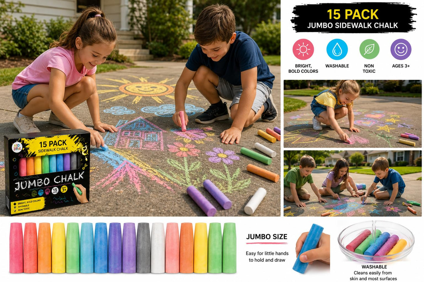 Jumbo Multicolor Outdoor Sidewalk Chalk - 15 Piece Washable Premium Set