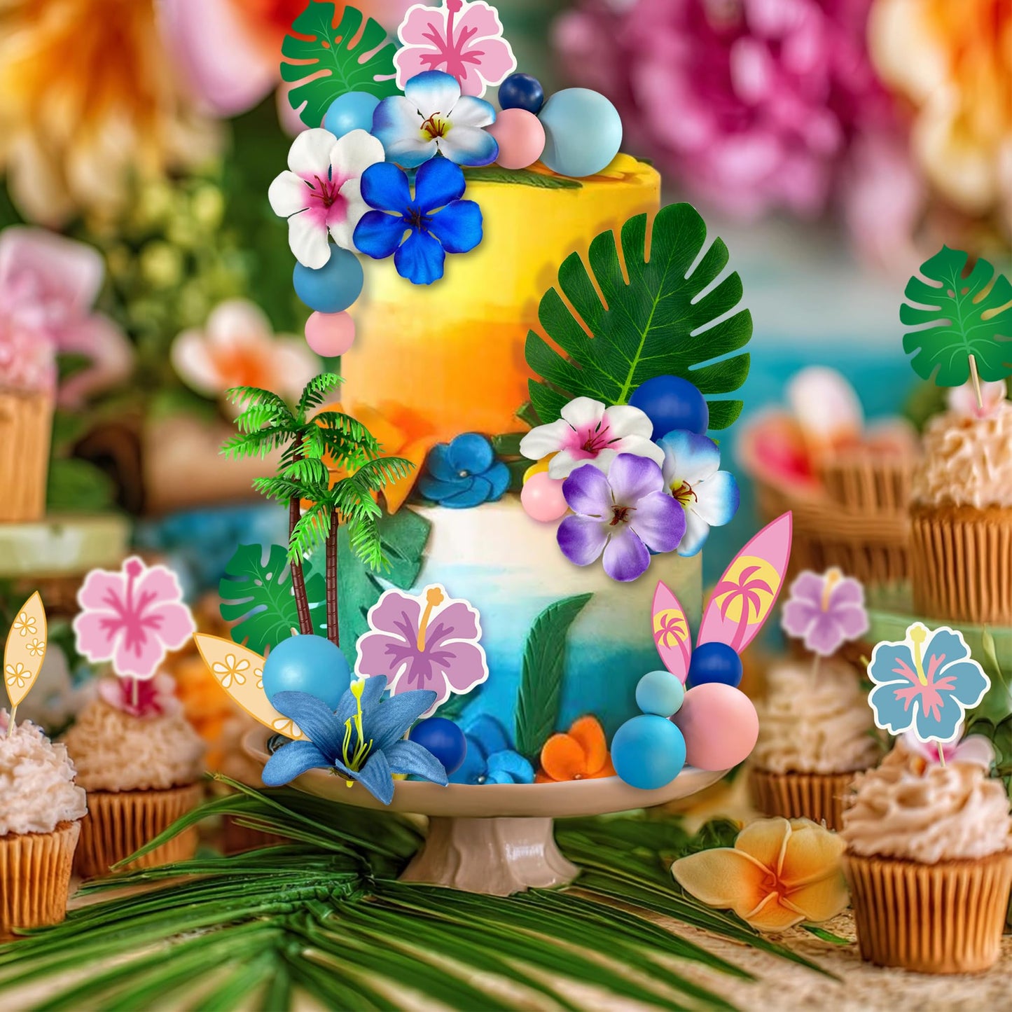 55PCS Hawaiian Pink Blue Cake Topper with Balls Tropical Flower Decor for Baby Shower and Birthday Party Supplies