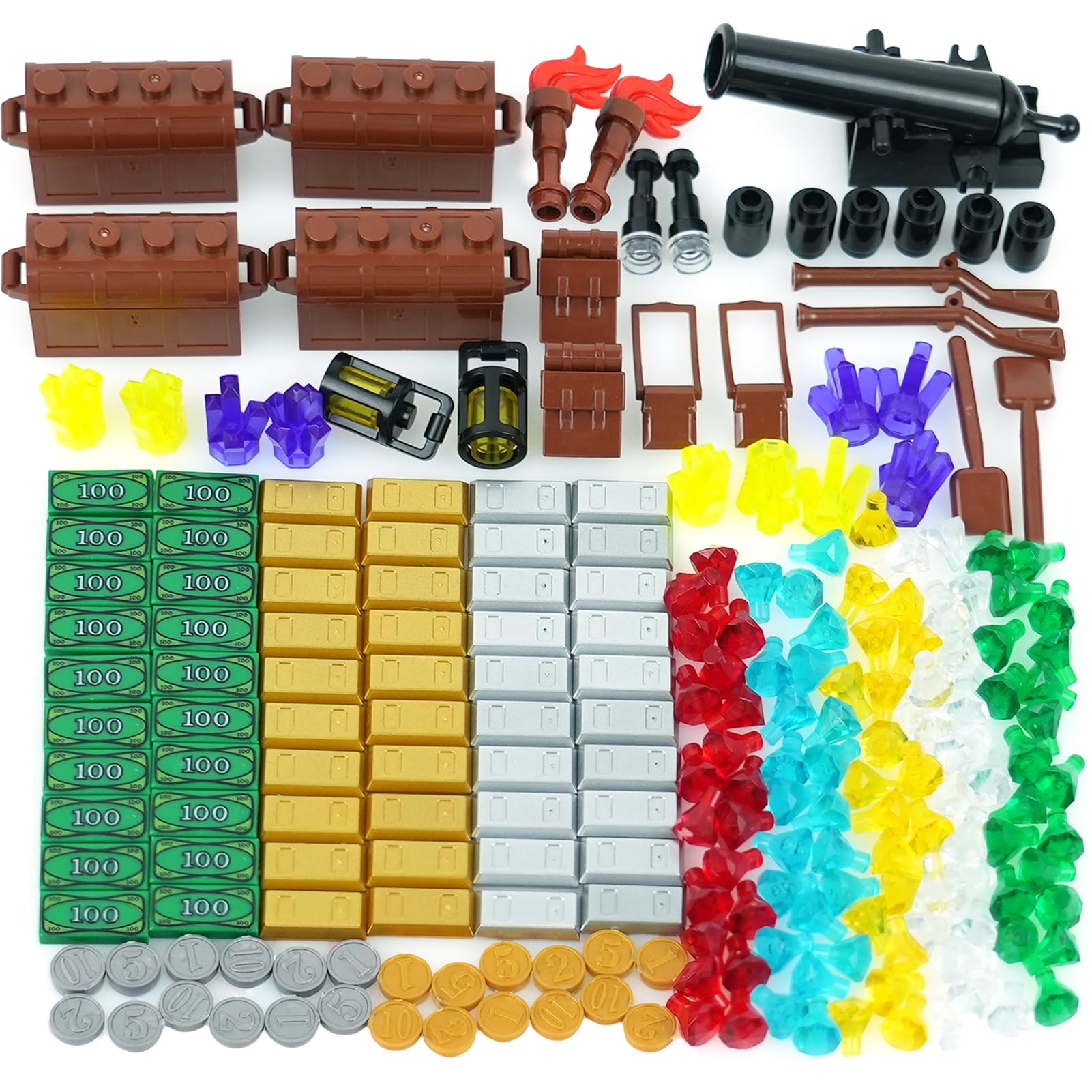 BroTex Pirates Treasure Chest Money Dollars, Silver Golden Gems Crystals Bag Torch Cannon Bricks Accessories Pack, Building Blocks Toys
