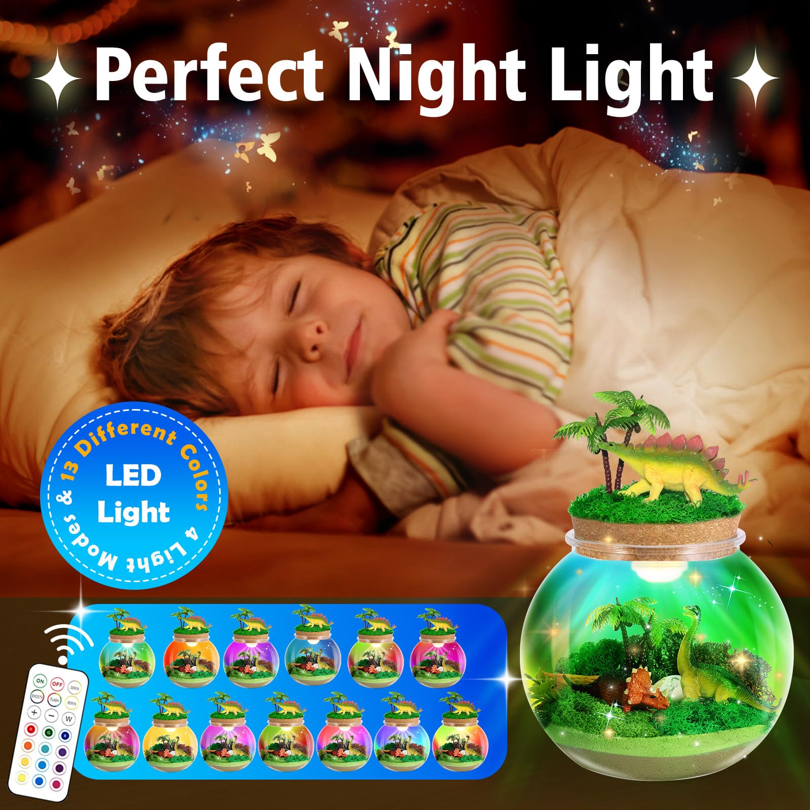 kiddgroo Dinosaur Light-Up Terrarium Kit for Kids- Birthday Gifts for Boys Ages 4 5 6 7 8-12 Year Old- Dinosaur Toys for Boys with Multicolor LED
