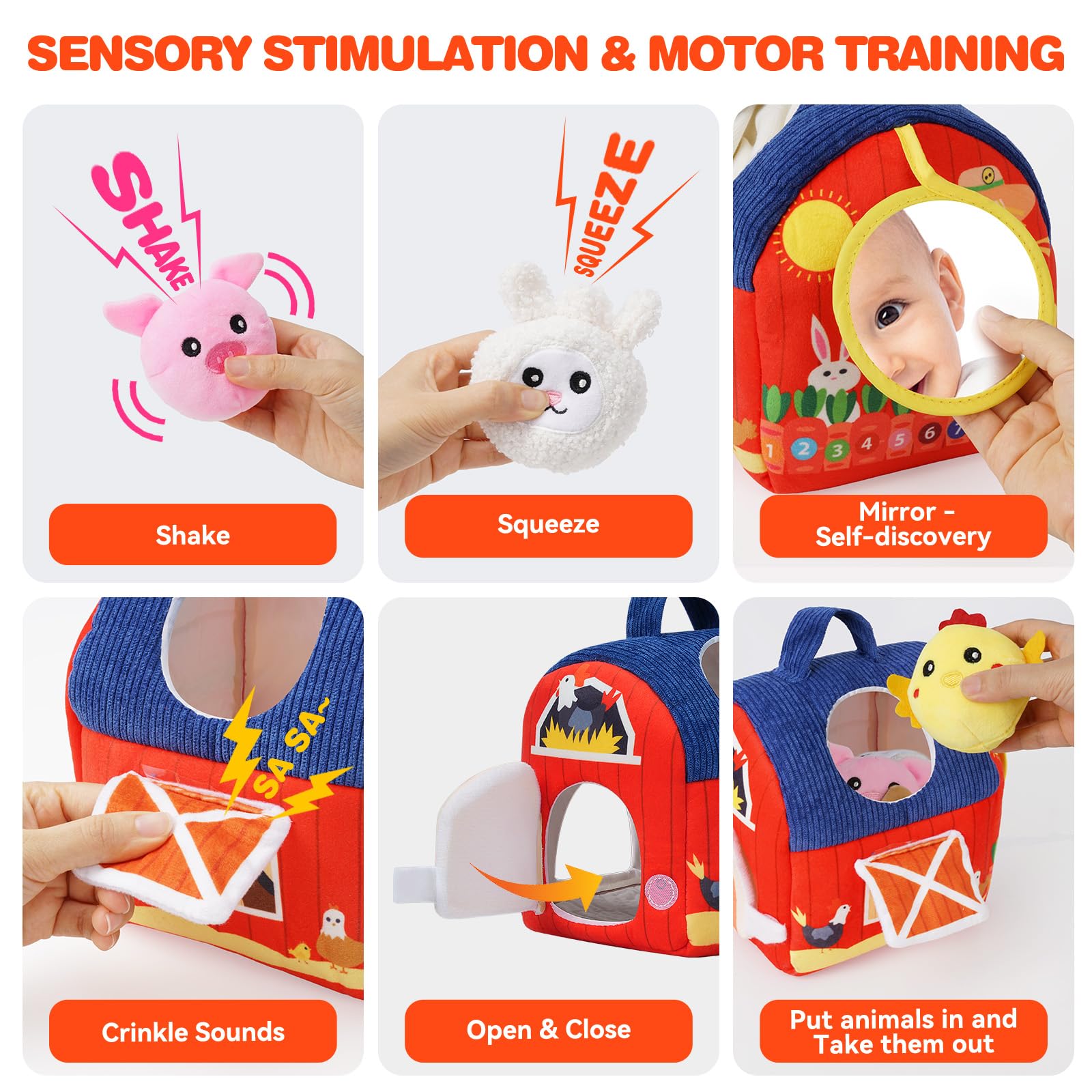 Soft Barn Baby Toys 6-12 Months with Stuffed Farm Animals, Rattle Squeaky Crinkle Sound & Mirror, Montessori Sensory Plush Infant Toy for 6 7 8 9 10
