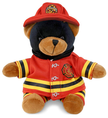 DolliBu Black Bear Firefighter Stuffed Animal with Name Personalization - Super Soft Bear with Red Fireman Costume Outfit and Fireman Hat, Cute Fire