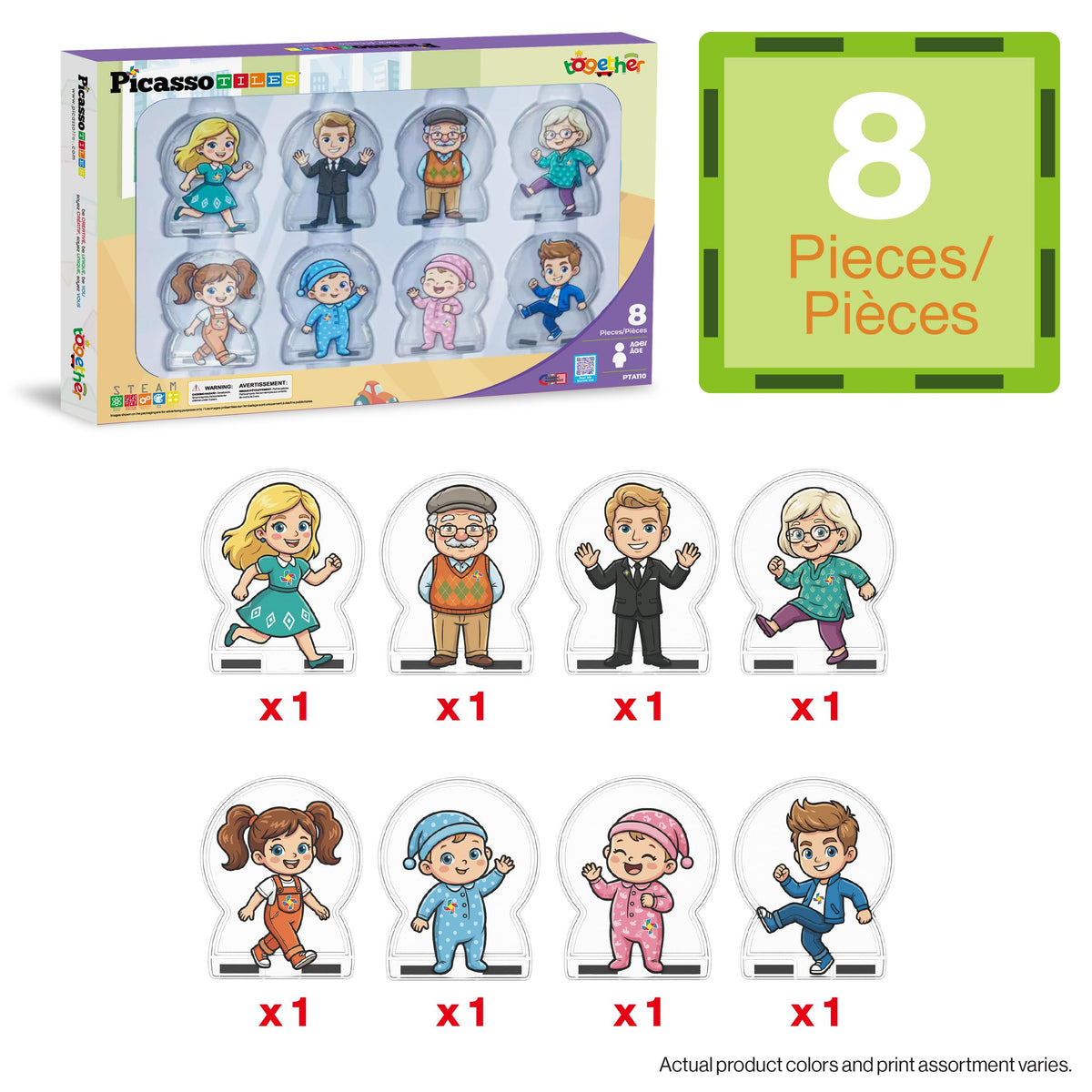 PicassoTiles 8pc Family Character Action Figures Accessory Add On Compatible with Magnet Tile Building Construction Sets STEM Pretend Play Educational