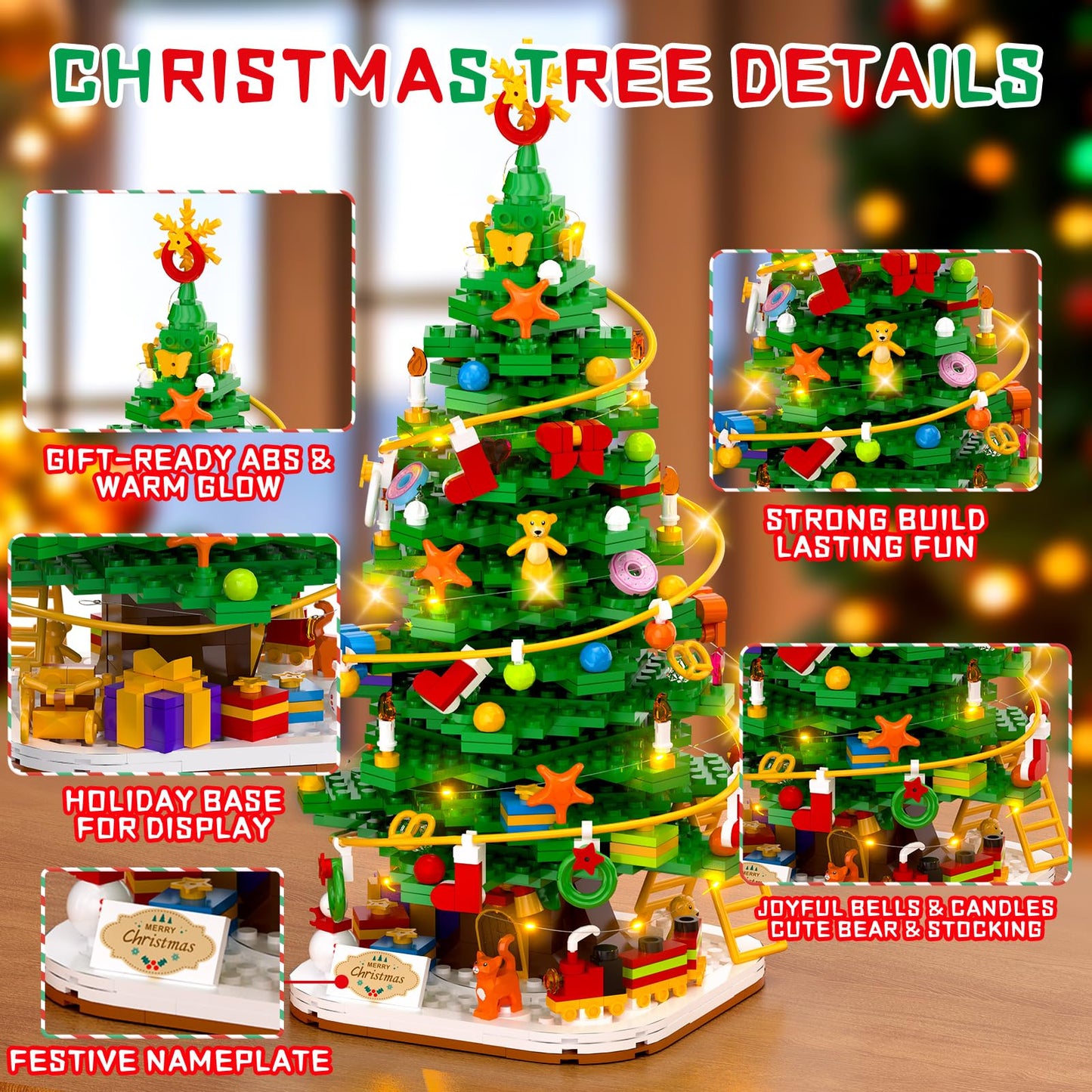 Christmas Tree Building Block Set with Light Kit, Building Toy Compatible with Christmas Sets, Xmas Tree Holiday Decoration for Kids Ages 8-14