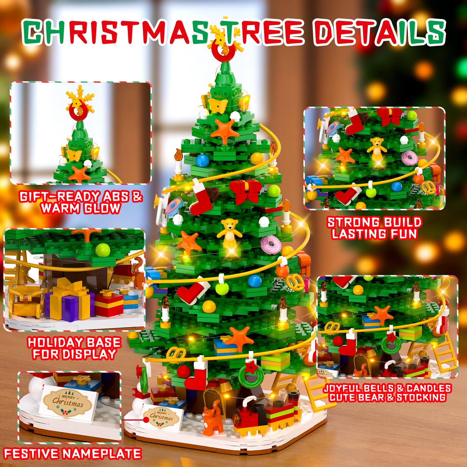 Christmas Tree Building Block Set with Light Kit, Building Toy Compatible with Christmas Sets, Xmas Tree Holiday Decoration for Kids Ages 8-14