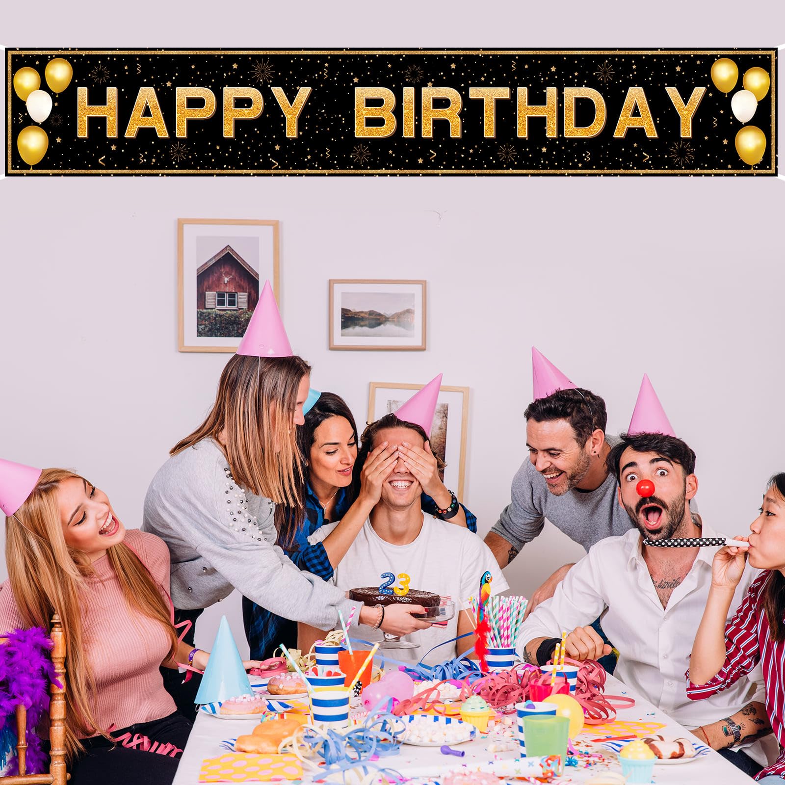 Happy Birthday Banner - 118"x20" Waterproof, Windproof & Tear-Resistant Polyester Sign for Men, Women, Boys & Girls, Black & Gold Indoor/Outdoor