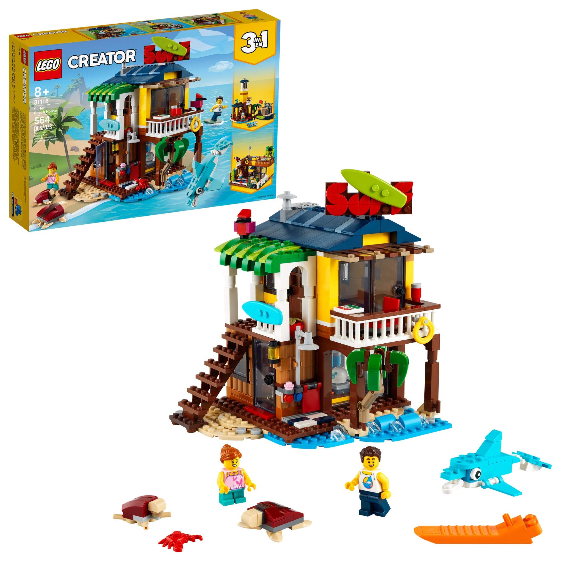 LEGO Creator 3 in 1 Surfer Beach House with 2 Minifigures and Dolphin Figure, Transforms from Surf Shack to Lighthouse to Pool House, Great Building