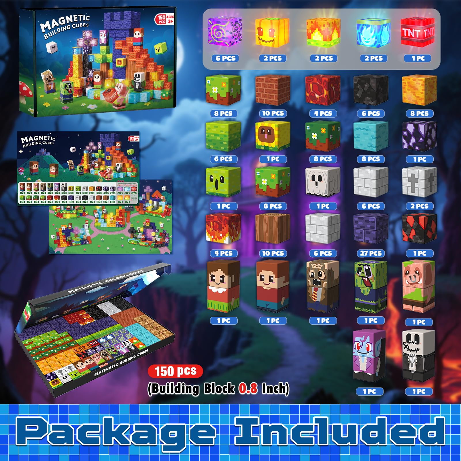 Magnetic Blocks with Light up Blocks -150PCS Magnetic Blocks for Kids Ages 4 5 6 7 8+, Magnetic Building Blocks for Kids Light up, Magnet Blocks