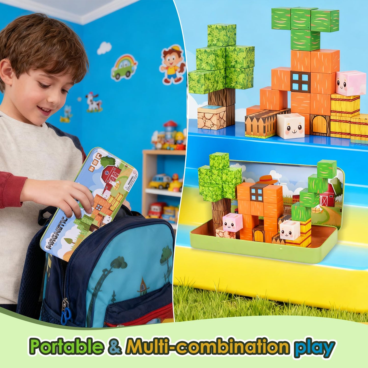 Magnetic Building Blocks Sensory Toys, Toddler Montessori Construction Stacking Toys, 35PCS Magnet Cubes for Kids, Gifts for Boys Girls, Portable