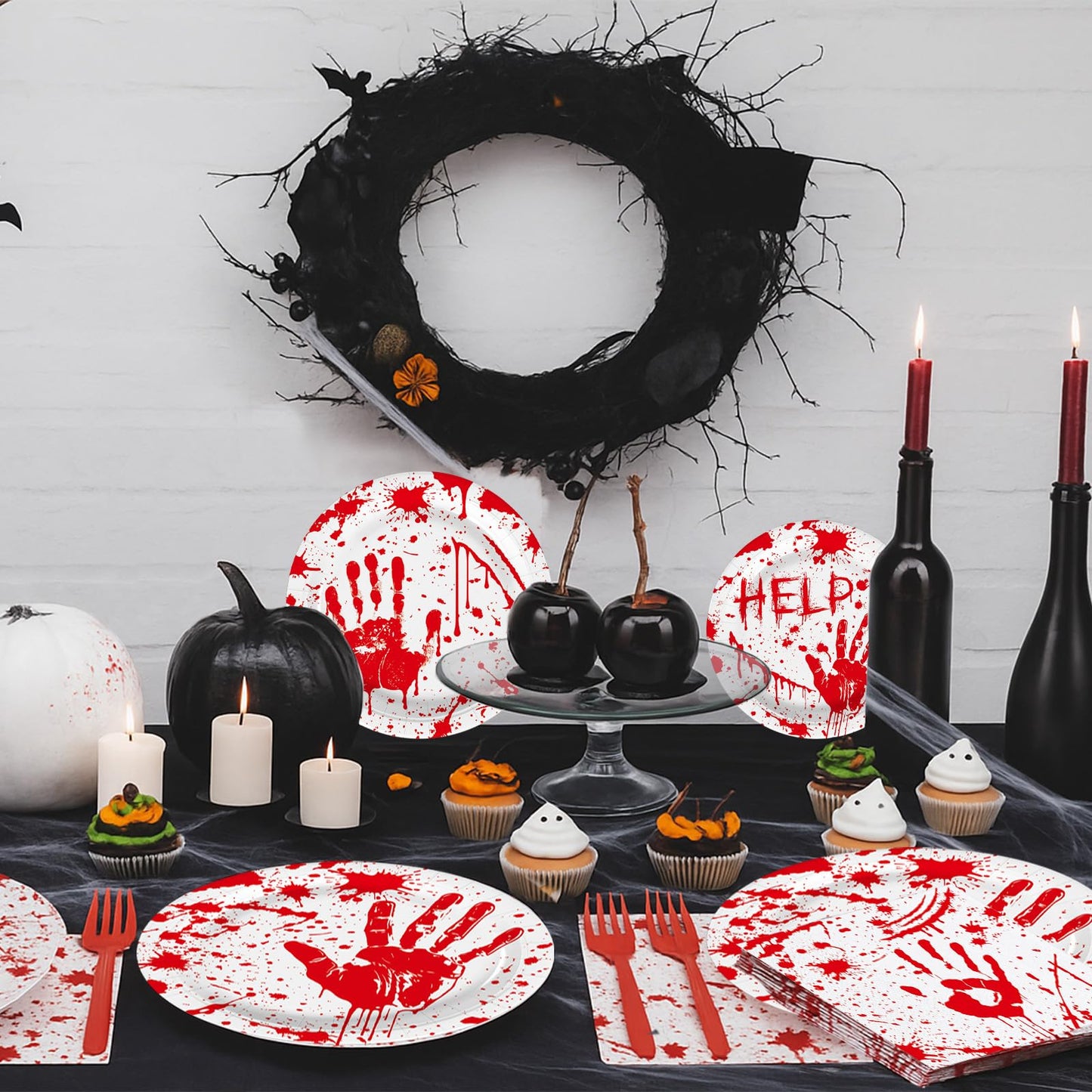 100 Pieces Halloween Bloody Party Tableware Set - Disposable Plates, Napkins, and Red Forks with Blood Handprint and Splatter Design for Halloween