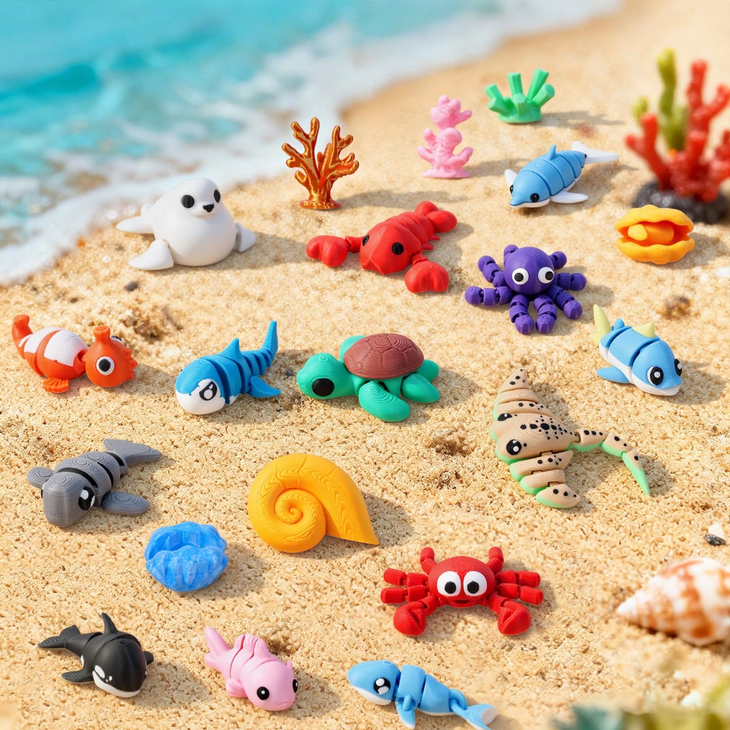 Eisfiel 24Pcs 3D Printed Sea Animal Toys, 3D Printed Ocean Animals Figurines Toys for Kids, Flexible Articulated Fidget Toys for Birthday Party Favors