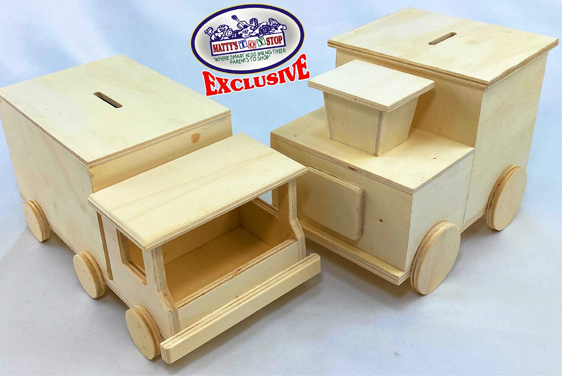 M?tty's Toy Stop Design & Paint Your Own Wooden Train & Truck Banks (Each Includes 4 Paints & 1 Brush) Gift Set Bundle - 2 Pack