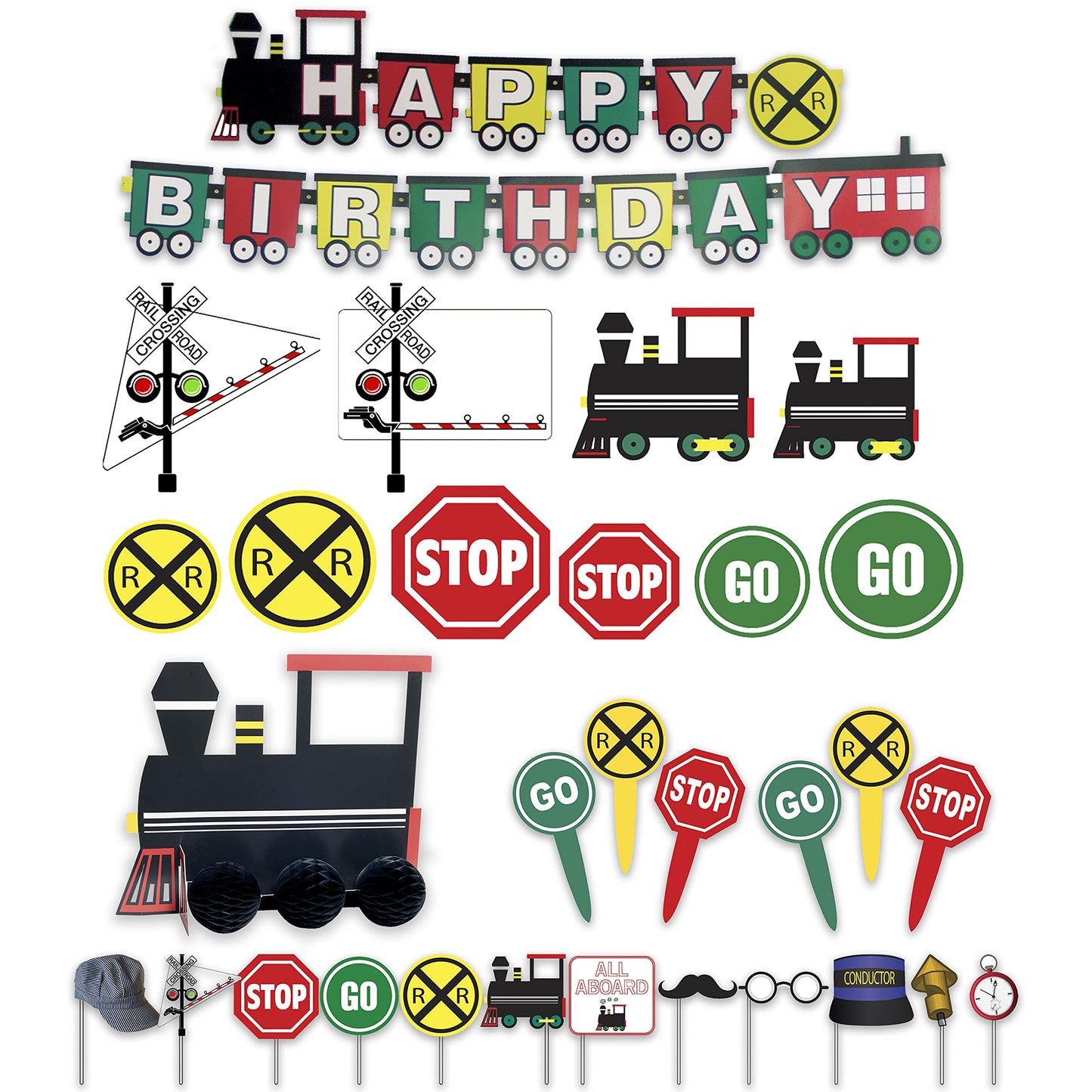 Havercamp Train Birthday Party Supplies: 7ft Happy Birthday Banner, Centerpiece, 12 Photo Props, 10 Cardboard Train Cutouts Decorations, 24 Party