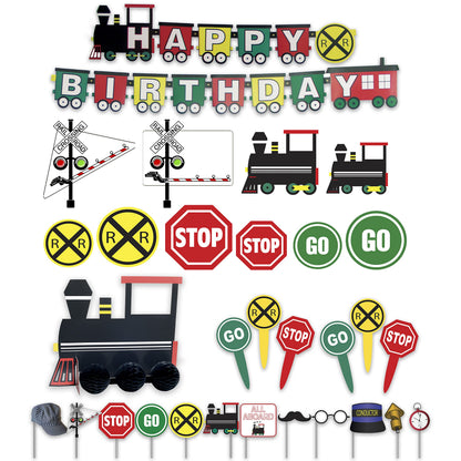 Havercamp Train Birthday Party Supplies: 7ft Happy Birthday Banner, Centerpiece, 12 Photo Props, 10 Cardboard Train Cutouts Decorations, 24 Party