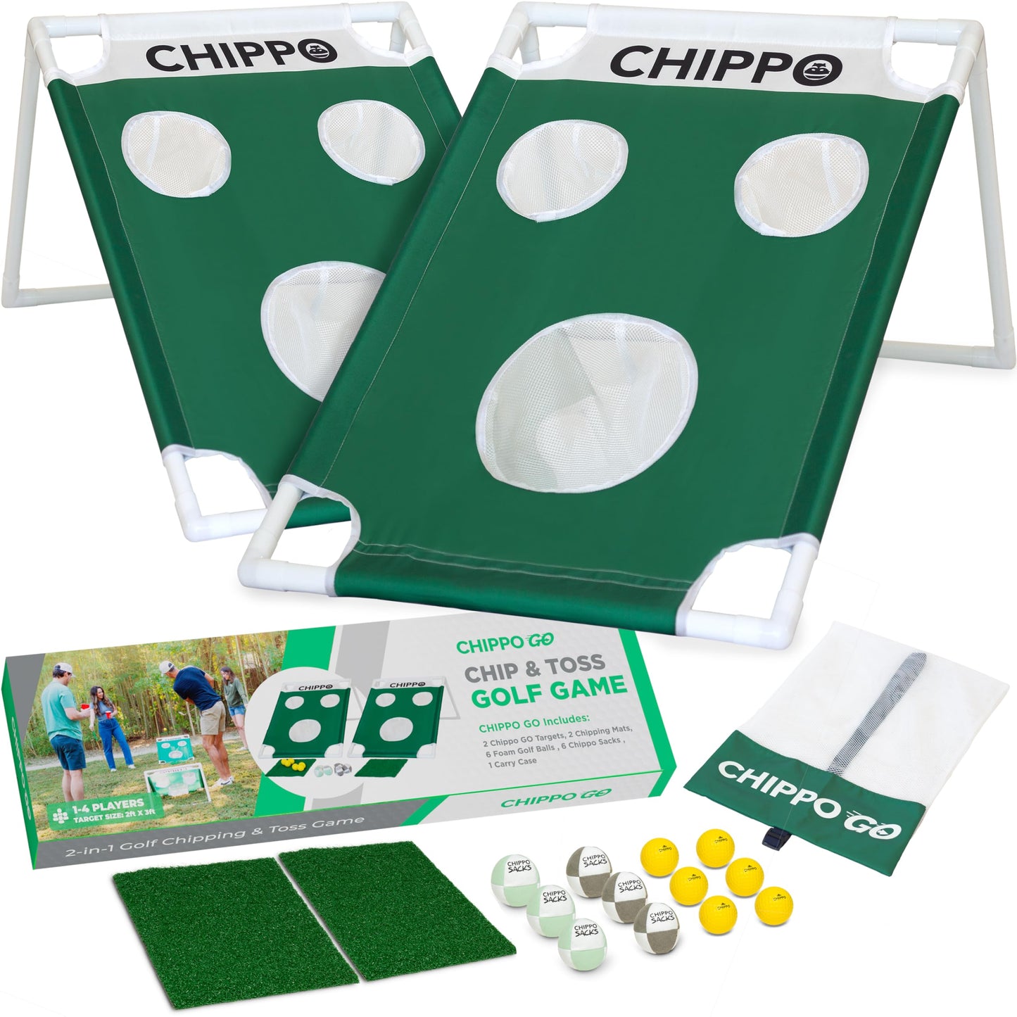 Chippo GO Portable Backyard Golf Chipping Game Set - Lawn, Beach & Tailgate Chip & Toss 2-in-1 Golf Game (2 Targets, Mats, Foam Balls, Chippo Sacks