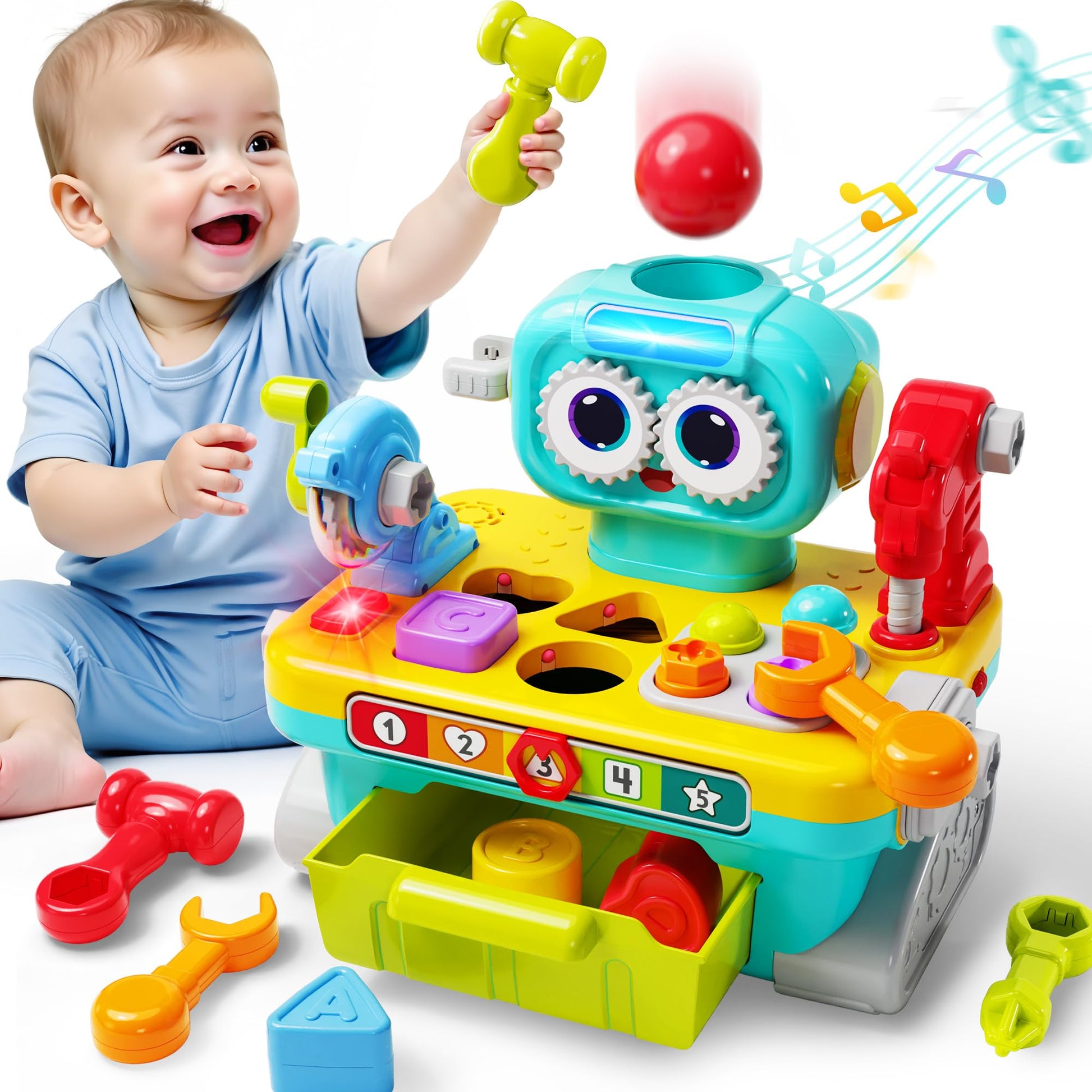 iPlay, iLearn Toddler Musical Workbench Toys for One Year Old Boys, Baby Pretend Play Tool Set, Infant Shape Sorter Activities, Kids Pounding Game