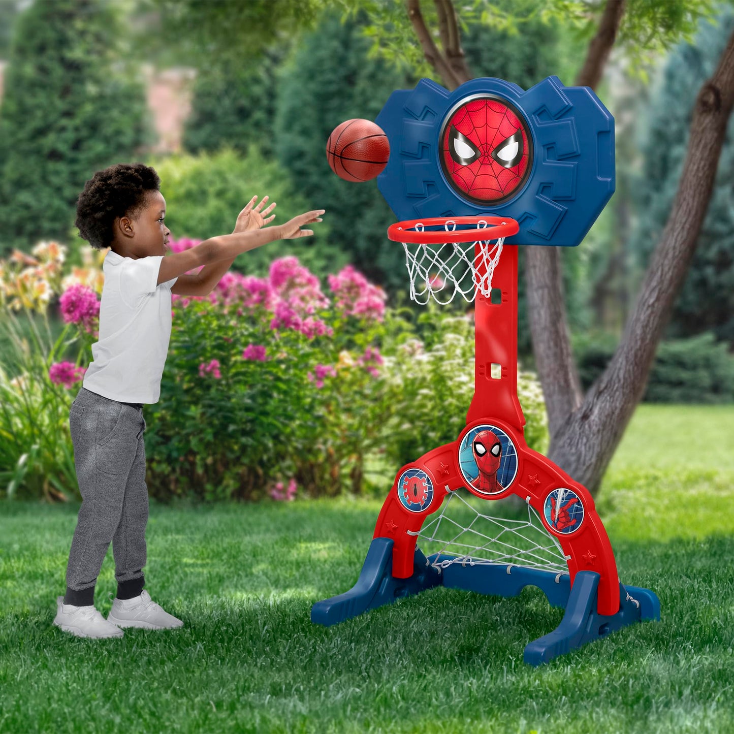 Delta Children Marvel Spider Man 4-in-1 Sports Center - Adjustable Easy Score Basketball Hoop, Soccer/Hockey Net and Golf Game, Red/Blue