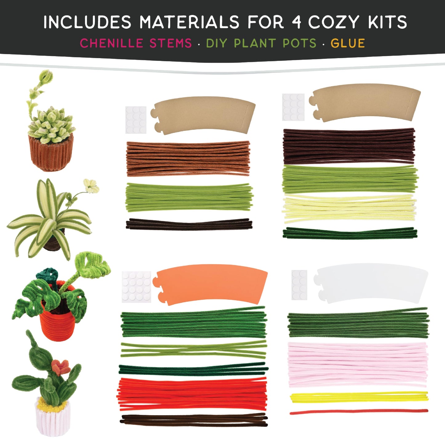 WeVeel Cozy Craftworks Chenille Stem Craft Kit for Adults - CC Small Plants Bundle - Relaxing DIY Arts & Crafts Kit with All Supplies
