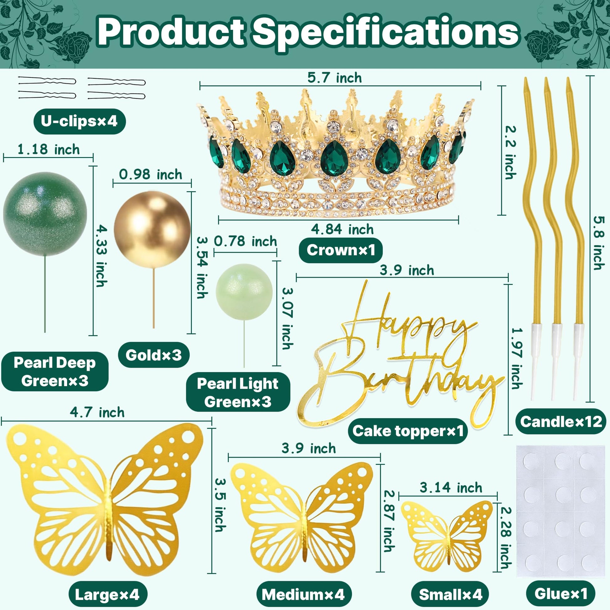 AMZVALU Corona Para Pastel, Crown Cake Topper, Crown Happy Birthday Cake Toppers Balls Candles Butterflies Cake Decorations, Birthday Crown for Women
