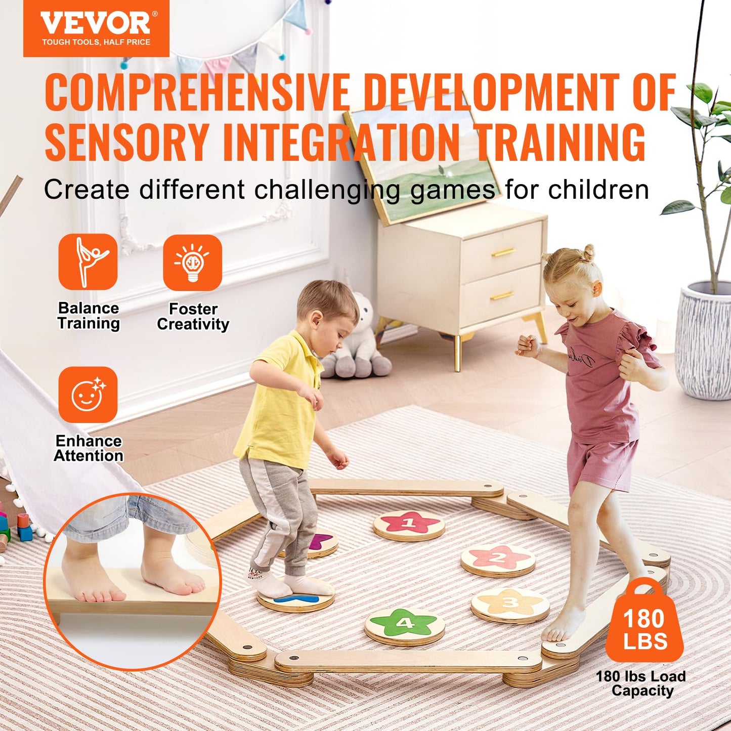 VEVOR Balance Beam Stepping Stones, 6 PCS Wooden Toddler Balance Boards, Montessori Toy for Kids 3-6, Build Coordination and Gross Motor Skills