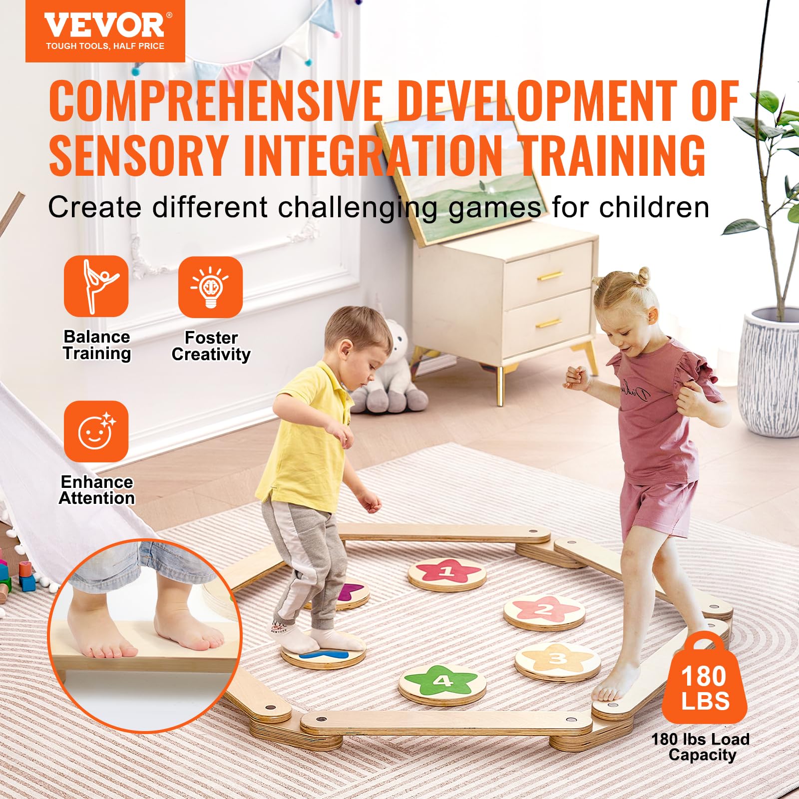 VEVOR Balance Beam Stepping Stones, 6 PCS Wooden Toddler Balance Boards, Montessori Toy for Kids 3-6, Build Coordination and Gross Motor Skills