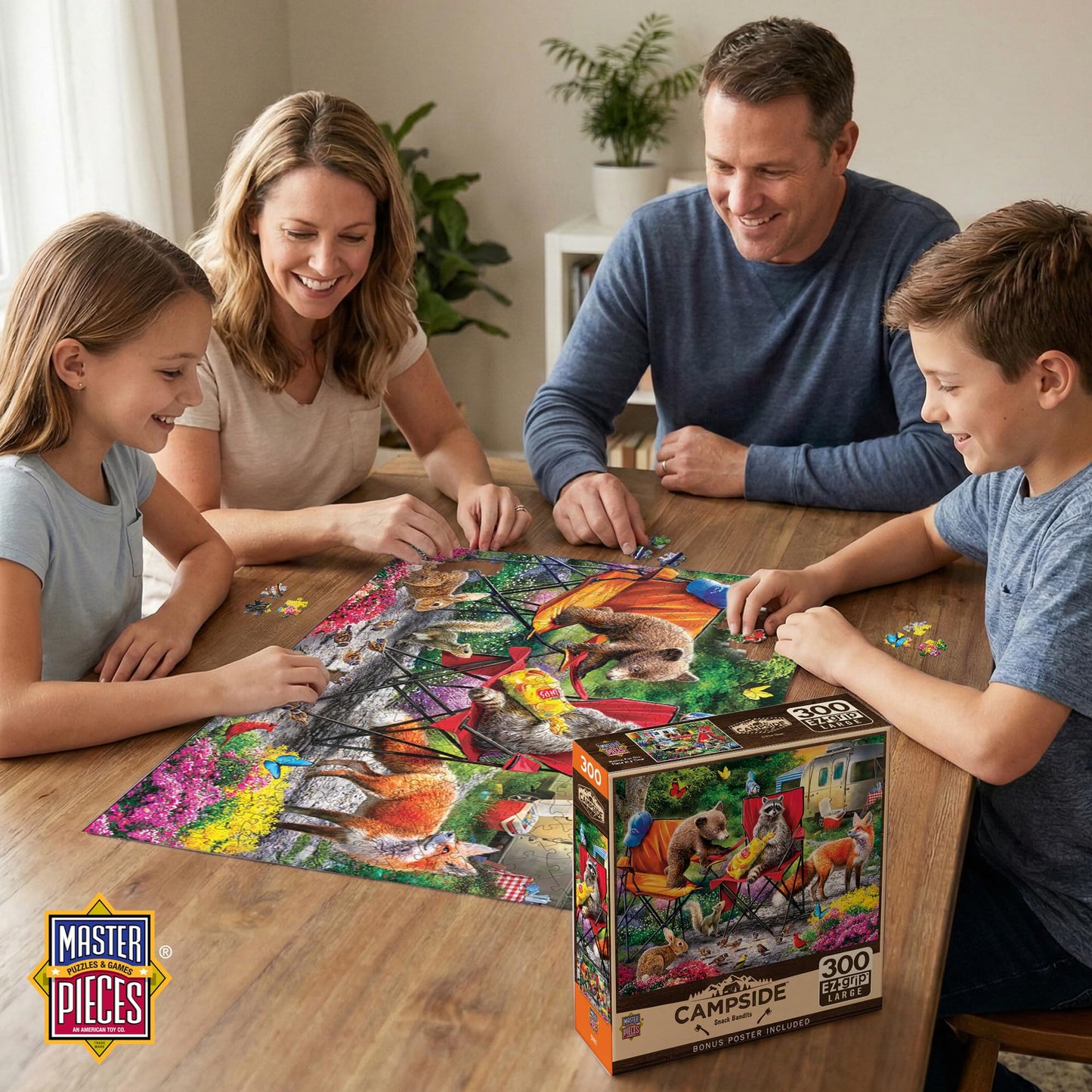 MasterPieces 300 Piece EZ Grip Jigsaw Puzzle - Snack Bandits - Large Pieces for Adults & Family, 18" x 24", Retro Summer Cabin Theme