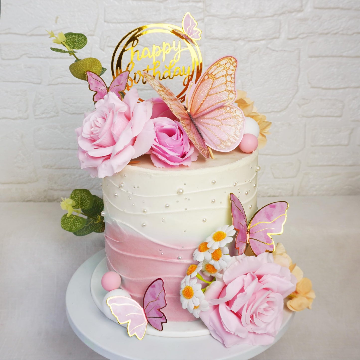 Pink Flower Butterfly Cake Toppers Happy Birthday Decoration with Artificial Pink Rose Flowers Eucalyptus for Birthday Wedding Spring