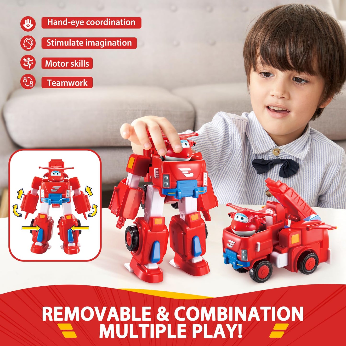 Super Wings Transformable Toys, 7" Jett Robot Suit and 2” Scale Transforming Jett Mini Action Figure,2-in-1 Mode Vehicle and Robot, Vehicle Playset