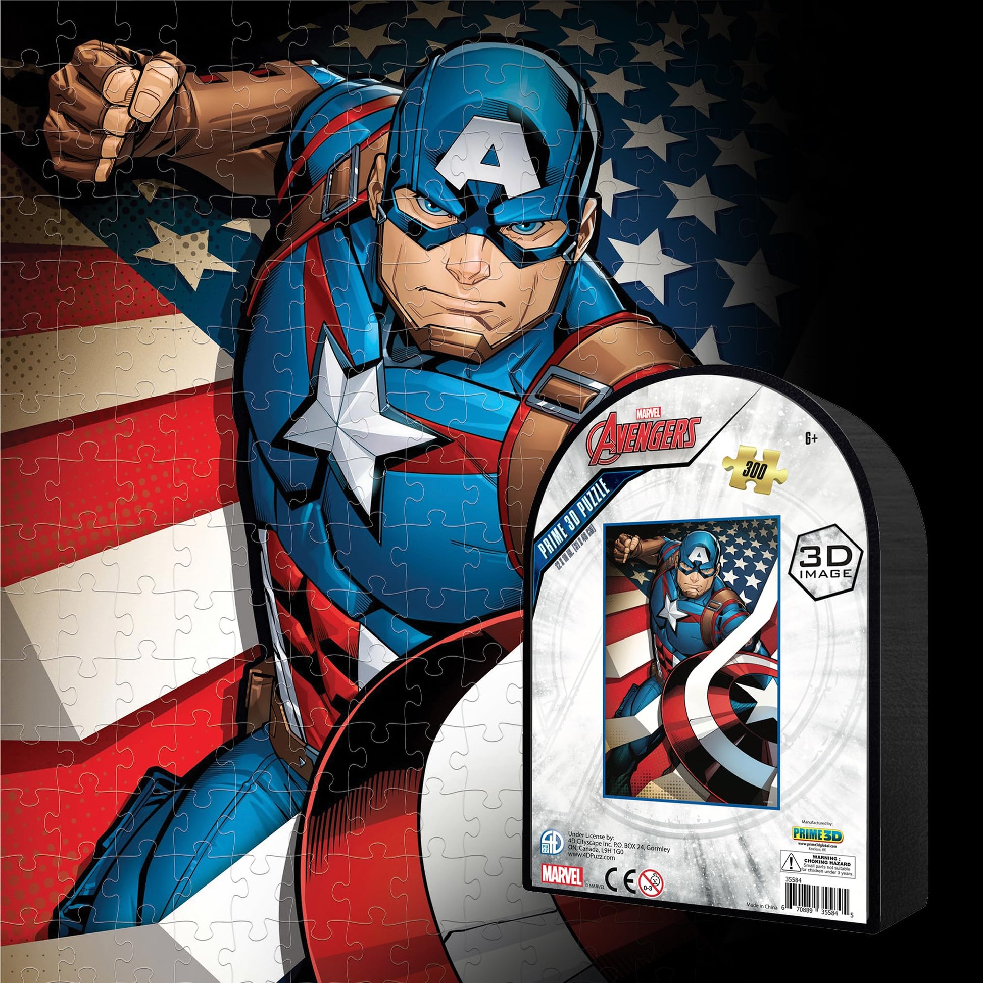 Prime 3D | Marvel | Avengers Captain America | 300 Piece 3D Shaped Tin Puzzle for Adults & Kids | Collectable Shaped | Finished Size 12"x18" | Tin