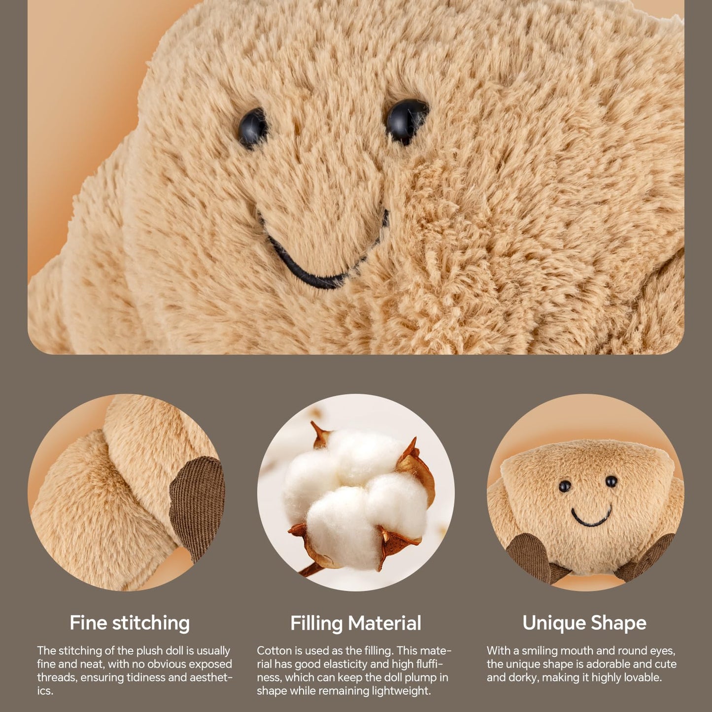 WqWqian Croissant Plush Toy, 14 Inch Cute Stuffed Croissant Pillow, Soft Bread Plushie Food Plush Doll for Kids Adults, Funny Smiling Pastry Stuffed