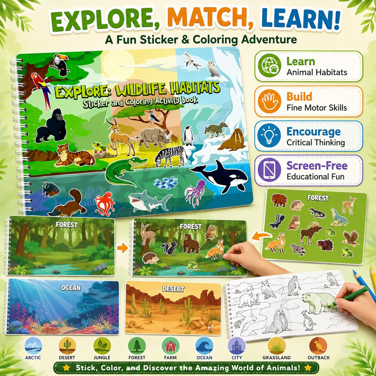 Animal Habitats Sticker and Coloring Book. 9 Habitats with Stickers and Coloring Pages. Engaging, Educational, Interactive, Fun, and Colorful.