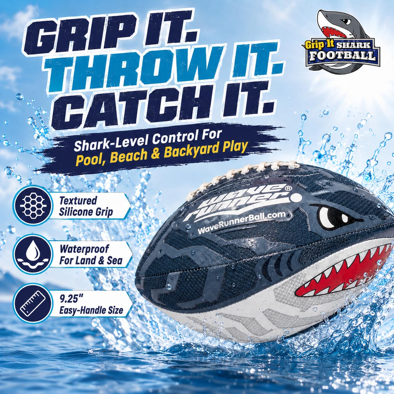 Wave Runner Grip It Shark Football, Waterproof Pool & Beach Football with Silicone Grip, 9.25 Inch Kids Football for Swimming Pool, Beach, Lake