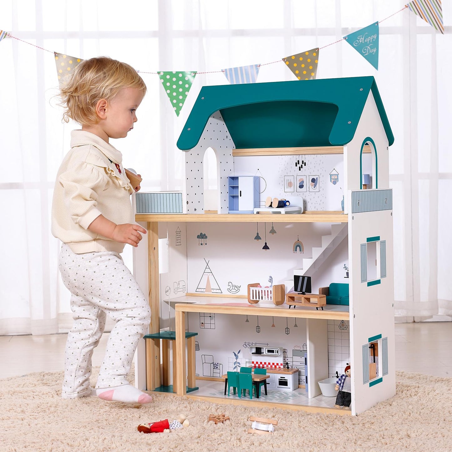 OOOK Wooden Dollhouse with Liftable Elevator - 2.6 Feet High Modern Doll House for Kids Toddlers - Including 21 Furniture Pieces, 4 Family Dolls,