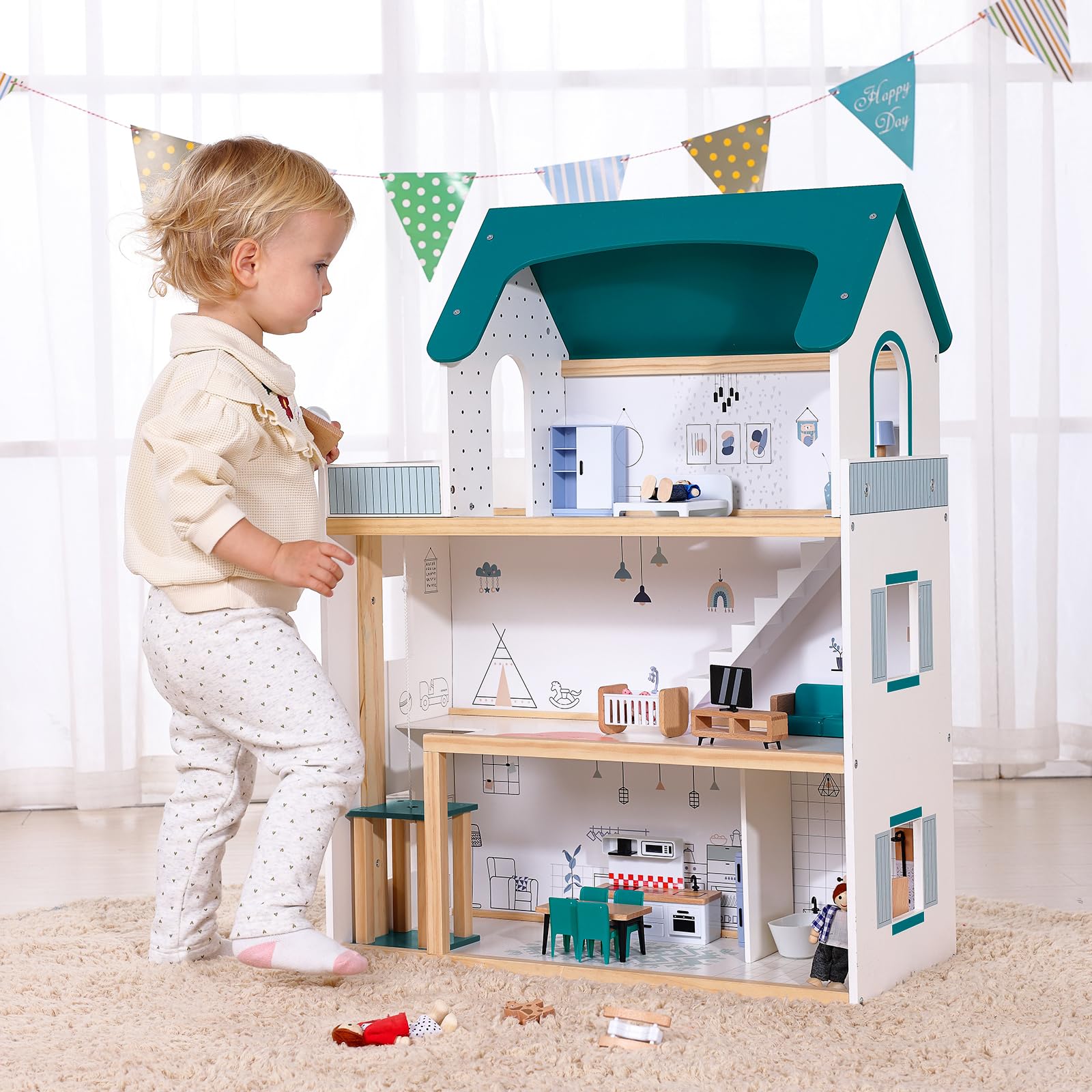 OOOK Wooden Dollhouse with Liftable Elevator - 2.6 Feet High Modern Doll House for Kids Toddlers - Including 21 Furniture Pieces, 4 Family Dolls,