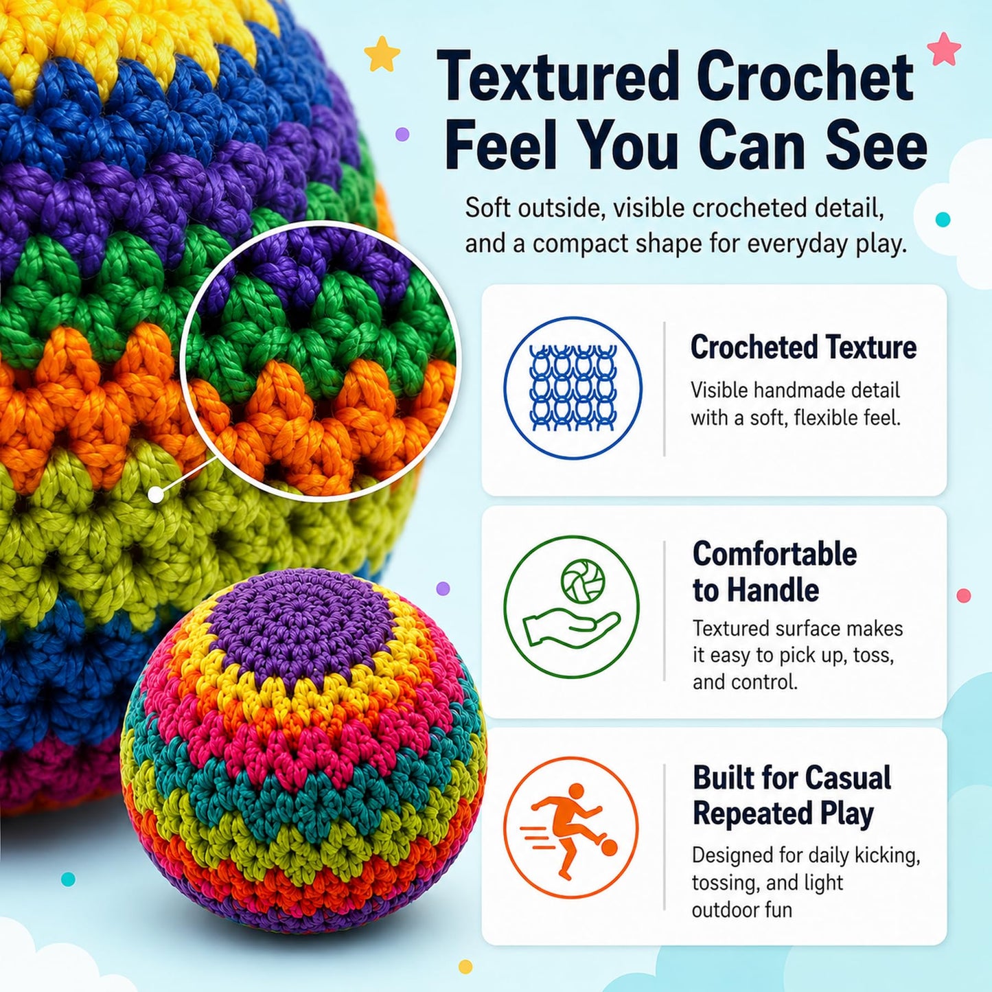 3 Pack Crochet Footbags, Random Colors Knitted Kick Sack Balls, Hacky Kick Sack Balls?Approx 40g Plastic Pellet Filled Hacky Style Footbag Juggling