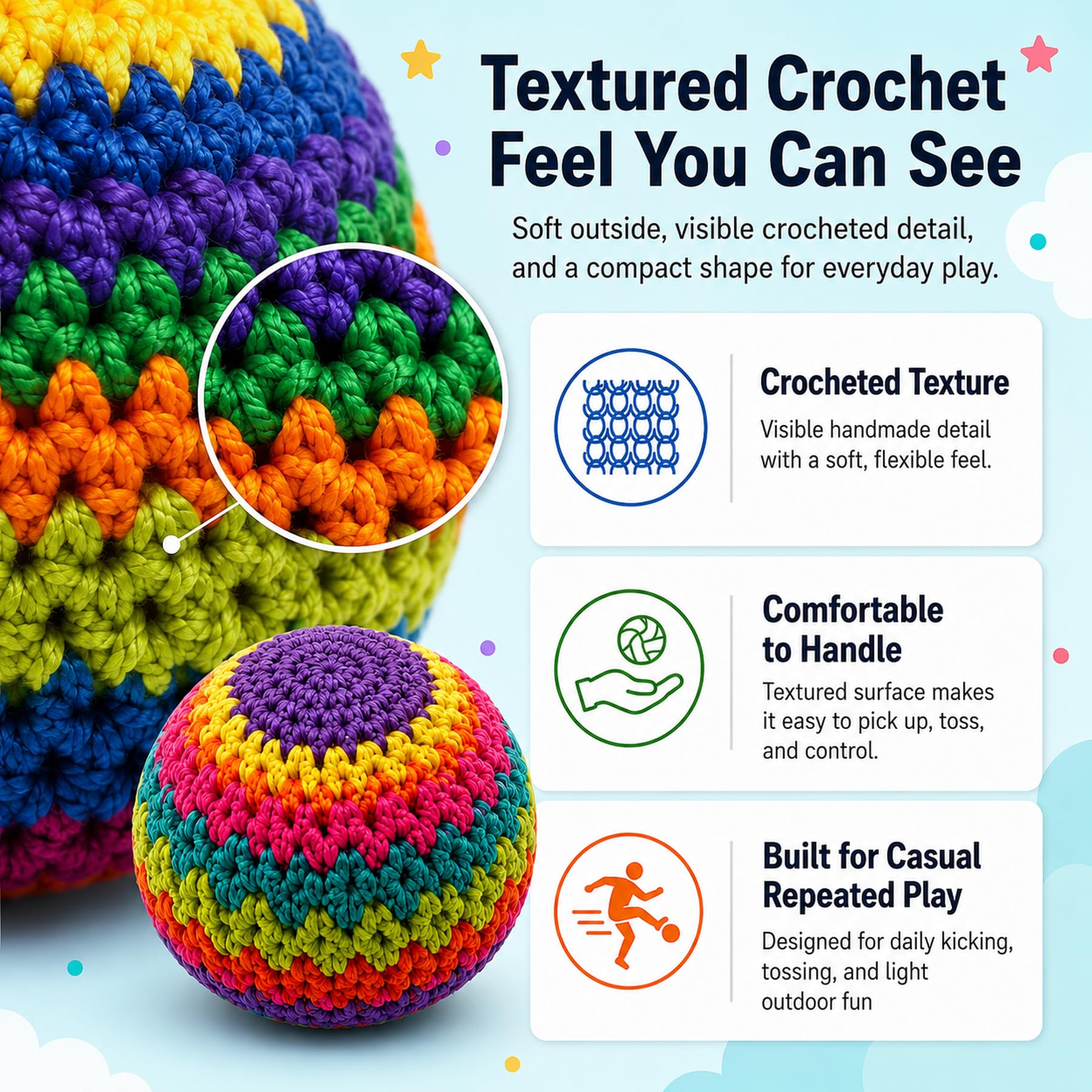 3 Pack Crochet Footbags, Random Colors Knitted Kick Sack Balls, Hacky Kick Sack Balls?Approx 40g Plastic Pellet Filled Hacky Style Footbag Juggling
