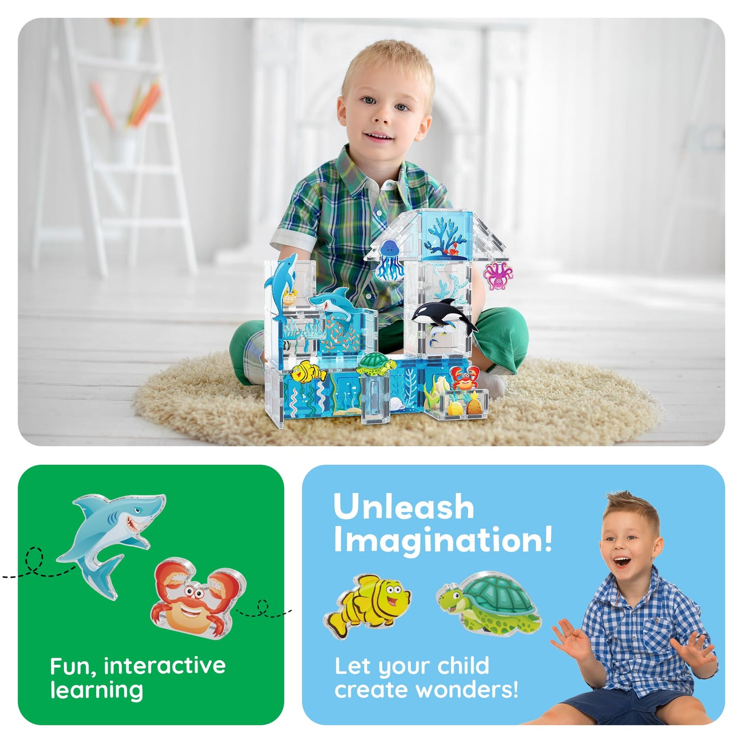 PicassoTiles Magnet Tiles Magnetic Building Blocks Aquarium Marine Animal Theme Set with 8 Character Action Figures Shark Crab Turtle STEM Toys